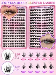 300pcs 2 Styles Mixed Self-Adhesive False Eyelash Clusters, Fluffy Type, 8-16mm Mixed Length, Fluffy Individual False Eyelashes, Self-Adhesive DIY False Eyelash Extensions, Cluster False Eyelashes, Natural Long D-Curl Eyelash Clusters, False Eyelashes - Black - View 2