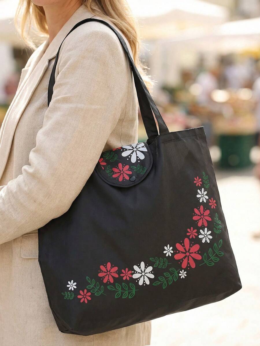 Bolsa de compras reutilizable con diseño de flor de hoja negra, bolsa plegable de gran capacidad, duradera y lavable
