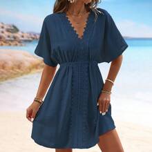 Faux Silk Beach Dress With Lace And Ruffles; Top To Pair With A Bikini - Army Green - View 11