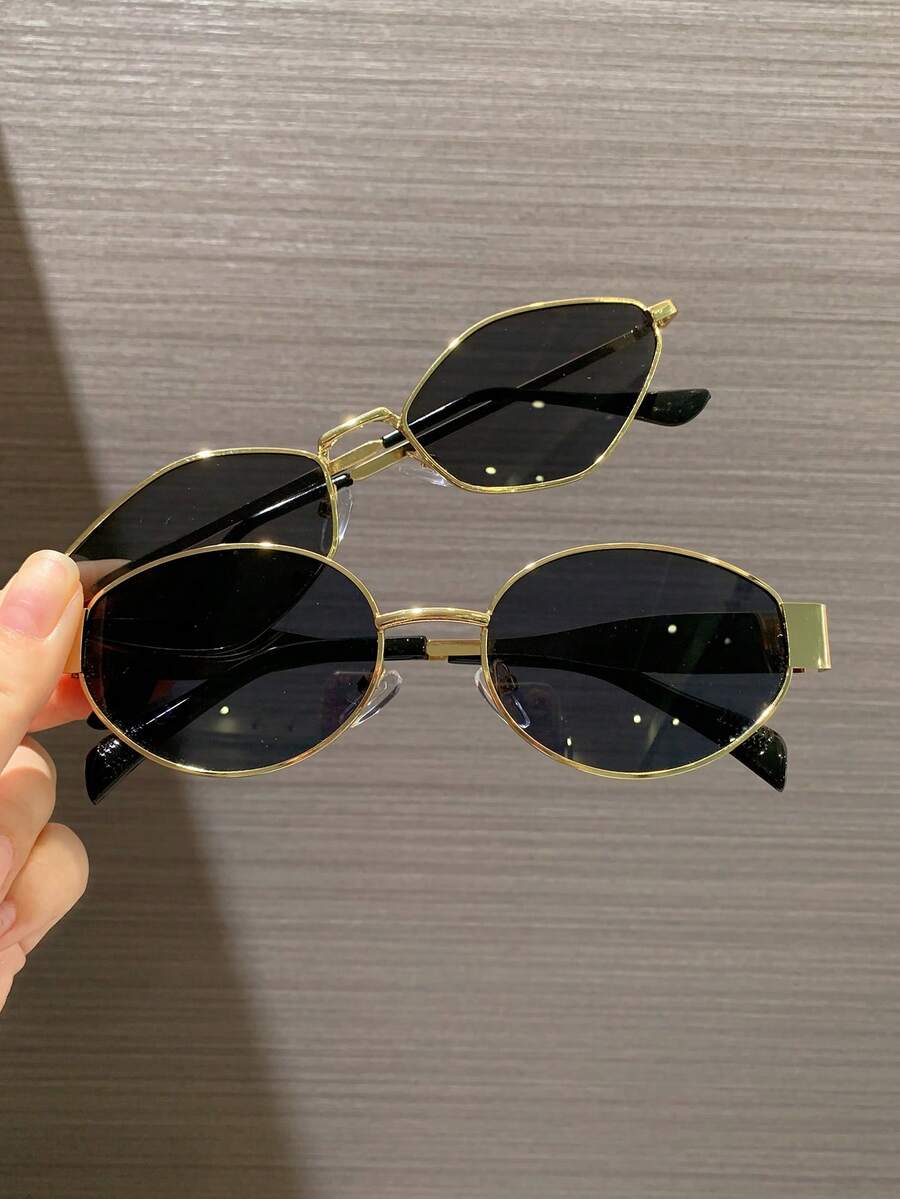 2pcs Retro Geometric Frame Eyeglasses, Fashionable Metal Frames, Suitable For Outdoor Travel, Beach, Casual Wear, Summer UV Protection - Black - View 1