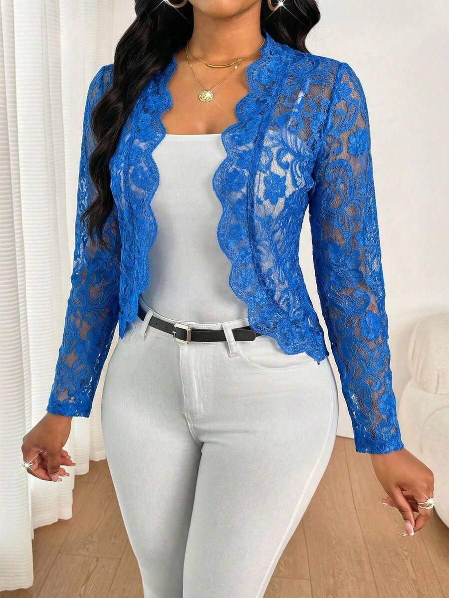 Lady Chaqueta elegante y casual de encaje con volantes, ideal para todo el año, para el ir y venir diario de las mujeres - azul real - Ver 1