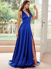 MUXXN Vintage 1950's V-Neck Halter-Neck Satin Cocktail Party Prom Dress Wedding - Royal Blue - View 7