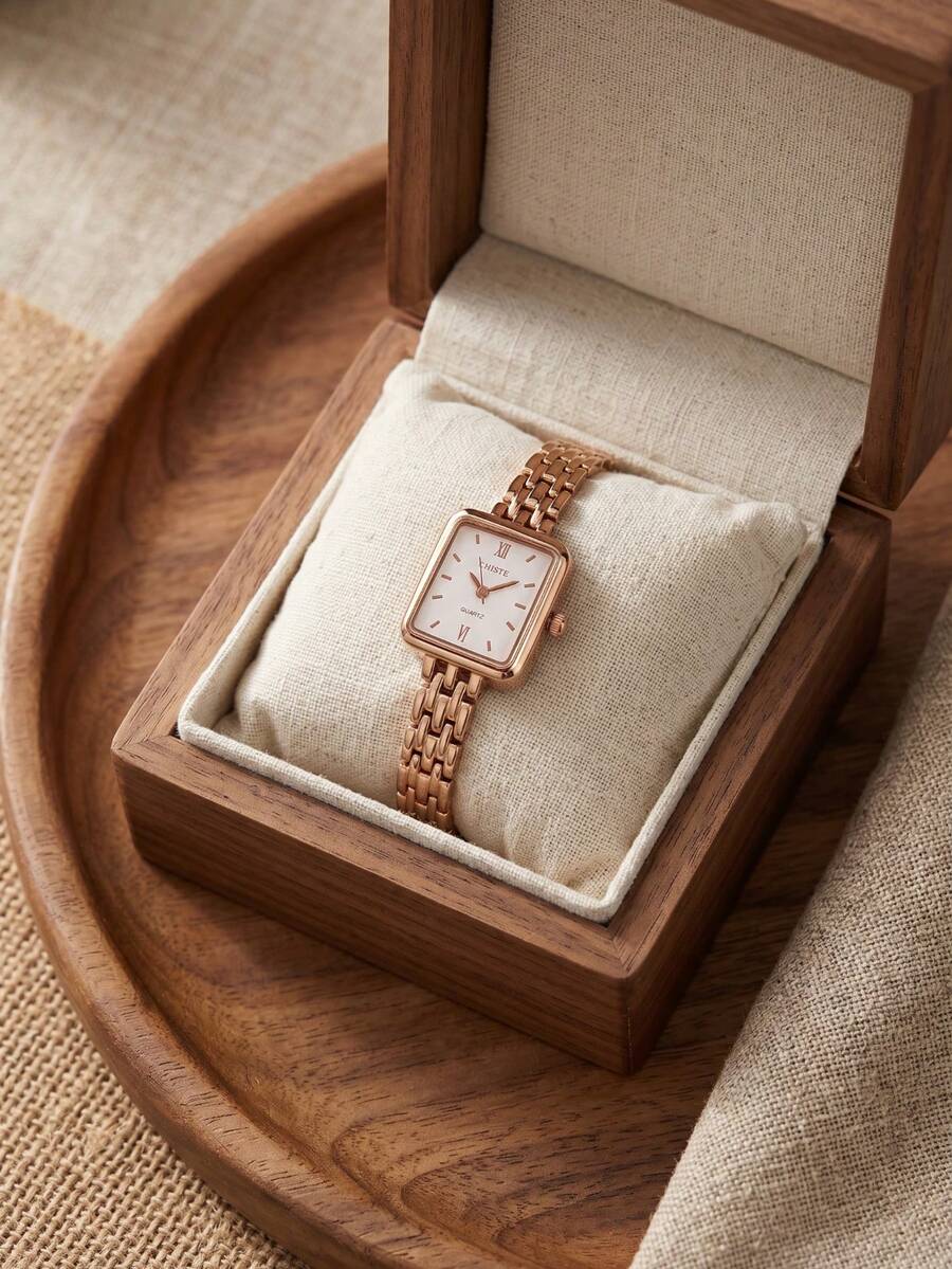 1pc/Set Rose Gold Square Quartz Watch For Teen Girls, No Box, Back To School/Vacation Daily Wrist Watch - White - View 1