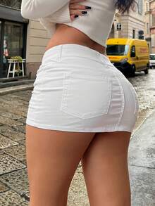 Falda de mujer de color liso, asimétrica, con doble botonadura frontal y que estiliza la cintura, estilo casual corto - Blanco - Ver 4