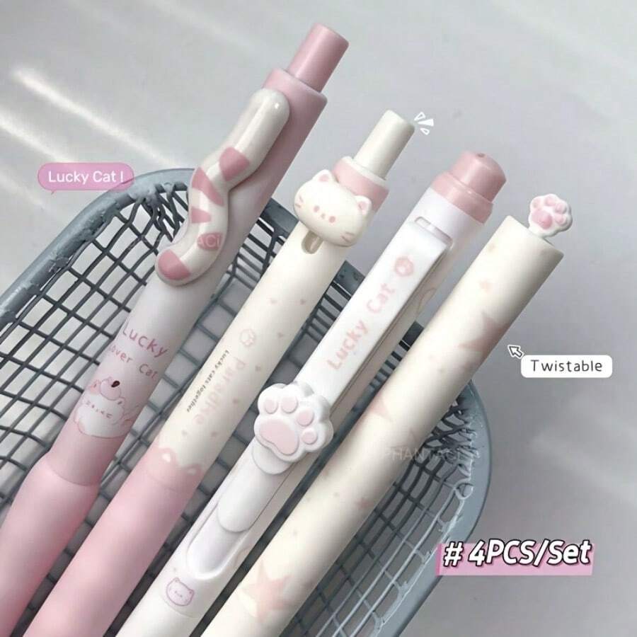 4入組 Lucky Meow 風格 0.5mm 黑墨水圓珠筆,創意貓尾與貓爪造型筆尖,適合辦公室使用,開學季推薦 - 款式A - 查看 1