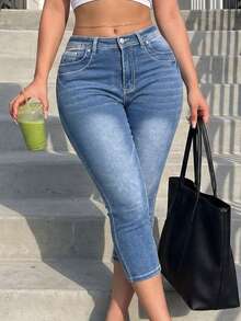 Jkorea High Waisted Capri Jeans - Light Wash Slim Fit Cropped Skinny Denim - 中等水洗藍1 - 查看 3