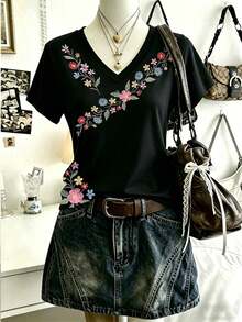 casual de mujer con cuello en V y bordado floral de manga corta - Multicolor - Ver 1