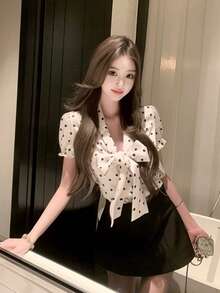 Women's Vintage Satin Polka Dot Bow Decor V-Neck Tie Top, Summer Style - Champagne - View 1
