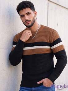 Men's Long-Sleeved Knitted Sweater With Striped Crew Neck - Winter Fashion - Putih gading/Pasir/Hitam - View 5