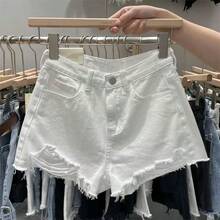 Women's Casual White Denim Shorts With Wide Leg And Raw Hem, Medium Stretch For Summer Comfort - 白色 - 查看 5
