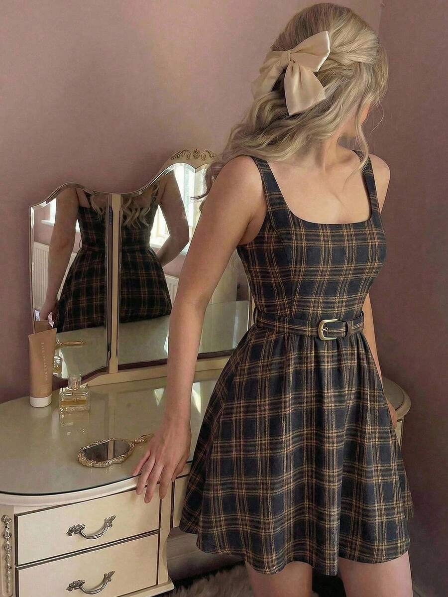 MOD Navy Blue Plaid Mini Dress - Grey - View 1