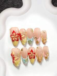 10pcs Handmade Summer Vacation Style Press-On Nail Set, Polymer Gel Embellished, Shell & Star Decor, Yellow/Pink/Blue Nail Polish, Includes Nail Tools, 3 Sizes Available, Almond/Duck/Coffin Shape, Suitable For Party, Dancing, Daily Wear - Multicolor - View 19