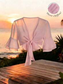 Qadelle Solid Color Cropped Shirt With Flared Sleeves And Front Tie - Dusty Pink - View 1