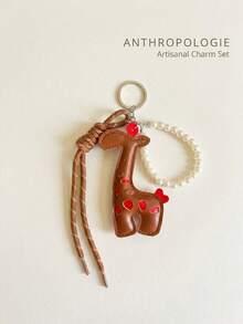 Cute Cartoon Giraffe Leather & Faux Pearl Keychain - Chic Tassel Purse Charm & Multi-Element Aesthetic Bag Accessory - Multicolor - View 4