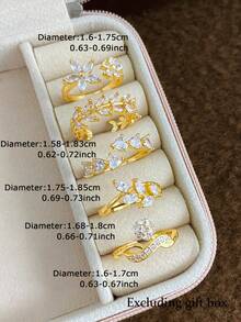 Juego de 5 anillos de mujer de aleación de cobre con incrustaciones de circonita cúbica en forma de hoja y flor, de lujo, exquisitos y ajustables, abiertos, para fiesta, reunión, vacaciones y baile (caja de regalo no incluida) - Amarillo Oro - Ver 4