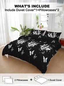 3 pièces Ensemble de literie, respirant, tissu super doux anti-boulochage et agréable à la peau, anti-boulochage doux, textile d'ameublement, décoration de chambre, comprend 1 housse de couette et 2 taies d'oreiller (sans couette), décoration de chambre à coucher à la mode, convient pour lit twin/full/queen/king, lavable en machine, plusieurs couleurs disponibles, cadeau romantique pour la Saint-Valentin, housse de couette imprimée papillon noir et blanc - Multicolore - Voir 3