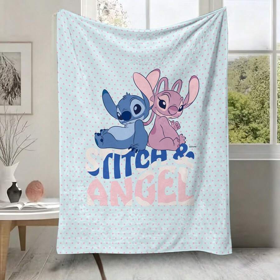 Manta de franela Disney Stitch & Angel, manta de felpa suave y acogedora con fondo de lunares rosas, adecuada para sofá, cama, sala de estar, dormitorio, oficina, viajes, todas las estaciones - color 1 - Ver 1