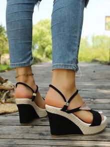 Women's Rhinestone Leaf Decor Straw Wedge Sandals, Open Toe Elastic Ankle Strap Thick Sole High Heels, Casual Summer Beach Vacation Shoes - Black - View 5