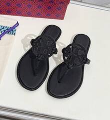 TB Leather Flip-Flops With Rhinestones For Women's Shoes. European And American Women's Slippers. - Black - View 2