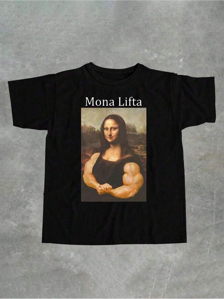 Monalift Funny Mona Lisa Gym & Fitness T-Shirt For Men - Humorous Bodybuilding Mona Lisa, Standard Fit Round Neck Casual & Workout Tee, Valentine's Day Gift - 黑色 - 查看 1