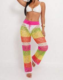 Knitted Beach Cover-Up Pants With Elastic Tie-Up Fishnet - Multicolor - View 3