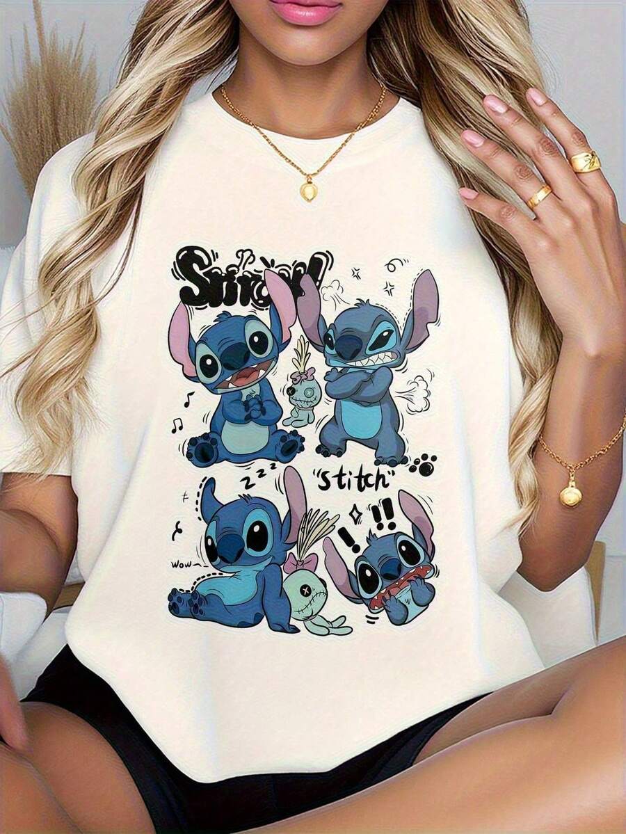 Disney 100% Cotton Women's Casual T-Shirt With Cartoon Print, Women's Cartoon Print T-Shirt - 100% Breathable Fabric, Cute Stitch And Lilo Tropical Graphic Print, Short Sleeve Round Neck Casual T-Shirt, Lightweight And Machine Washable For Spring Summer Fall, Fashion Casual Wear - 白色 - 查看 1