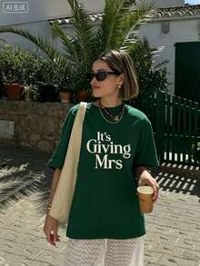Bachelorette T Shirts Women,Its Giving Mrs Bride To Be Engagement Top,Summer Print Round Neck Short Sleeve,Graphic Tees,Cute,Party Outfit - 墨綠色 - 查看 9