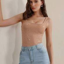 Camiseta ajustada de mujer con adornos de strass, versátil para verano, vacaciones, elegante, casual, festiva - Negro - Ver 4