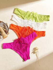 5pcs Sexy Lace Solid Color Triangle Panties, Bow Design, Comfortable Low Waist Underwear Set - Multicolor - View 3