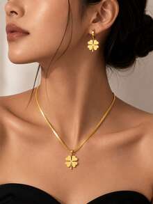 Titanium Steel Clover Necklace And Earring Set, Herringbone Chain, Low Allergy Jewelry For Daily Wear - Yellow Gold - View 1
