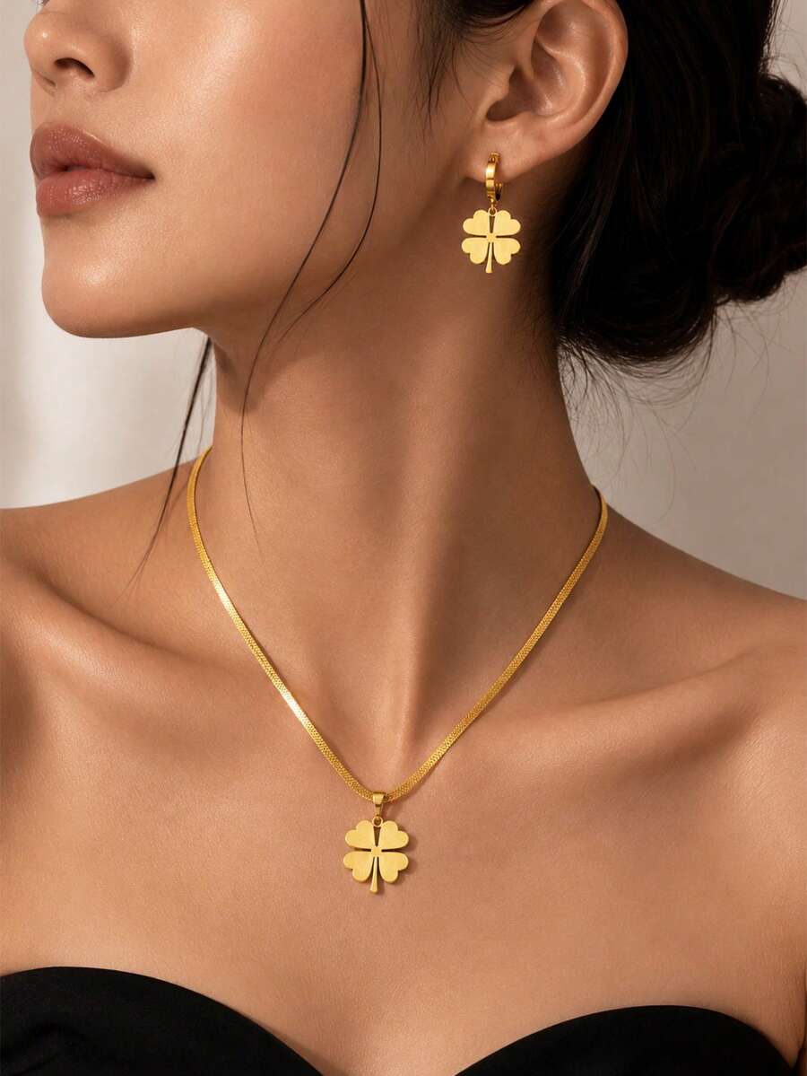 Titanium Steel Clover Necklace And Earring Set, Herringbone Chain, Low Allergy Jewelry For Daily Wear - Yellow Gold - View 1