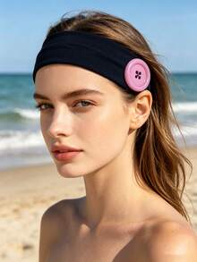 1pc Solid Color Sweatband, Paired With Button Decor, Fashionable Women Headband, Dopamine Headband, Hair Accessory - Black - View 2
