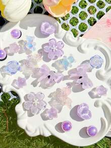 20pcs Transparent Purple Glitter Resin Shoe Charms, Bowknot Bear Heart Flower Detachable DIY Accessories, Fit Sandals Perforated Slides Ankle Boots, Holiday Gift - Purple - View 6