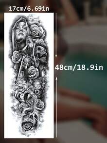 1片黑色手臂紋身貼紙，臨時紋身，一次性假紋身，48*17CM，人物圖像，黑玫瑰，骷髏，時鐘，花卉臨時紋身貼紙，黑色花卉印花，防水防汗不反光，性感酷紋身，適用於女性手臂，大腿紋身貼紙，看起來非常逼真，大尺寸，易於使用和移除，婚禮音樂節派對用品 - 黑色 - 查看 2