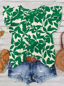 Tall Blusa casual de mujer con estampado floral de hojas sobre base naranja, cuello redondo, mangas de vuelo y mangas cortas, para primavera/verano - Verde - Ver 1