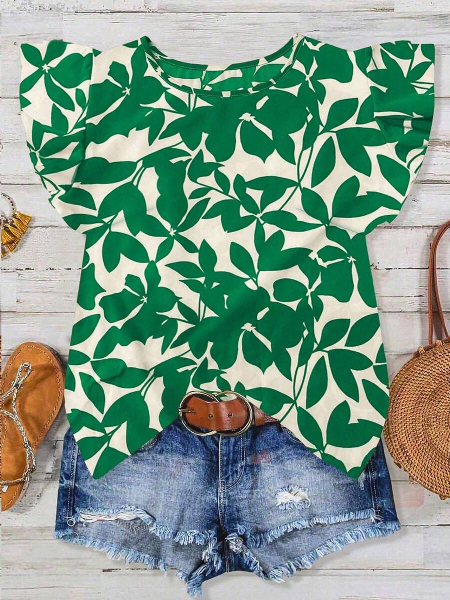 Tall Blusa casual de mujer con estampado floral de hojas sobre base naranja, cuello redondo, mangas de vuelo y mangas cortas, para primavera/verano - Verde - Ver 1