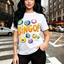 Camiseta de mujer con estampado colorido "BINGO!" y bolas numeradas en naranja, verde, azul, rosa y morado - diseño divertido y llamativo para el estilo urbano casual, ajuste cómodo y fresco ideal para paseos por la ciudad o salir con amigos - regalo - Blanco - Ver 10