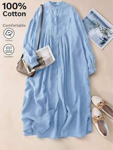 Bata larga de lino verde de 3/4 de manga para mujer, estilo retro artístico suelto y casual, elegante - Lavado ligero - Ver 2