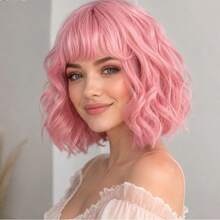 Pink Short Curly Hair Wig For Women With Bangs - Matte High-Temperature Fiber, Rose Net Cap, Elegant Wavy Style, Perfect For Holidays & Casual Attire, Everyday Wig Wear | Stylish Hairpiece | Breathable Rose Cap, Wig Accessories - 粉色 - 查看 1
