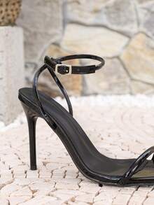 French Minimalist Elegant Style Thin High Heel Metal Buckle Sandals, Plus Size Square Toe Thin Strap High Heel Sandals - Black - View 5