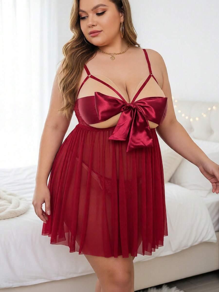 2 piezas Conjunto de lencería de talla grande con diseño de lazo en la espalda, regalo para Navidad, Halloween, Día de San Valentín - Burdeos - Ver 1