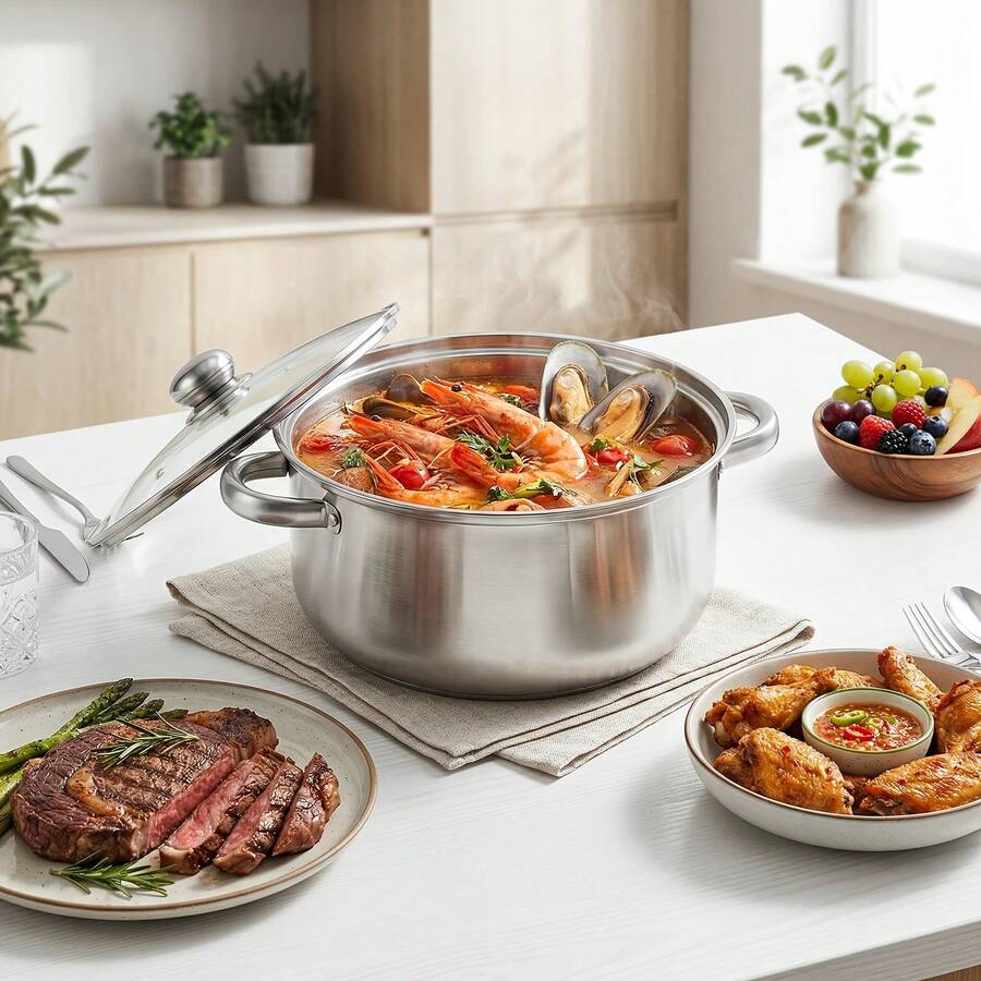 Senmeo Stainless Steel Stock Pot With Lid, Heavy-Duty Soup Pot, Multipurpose Cookware For Vegetables, Dumplings & Soups, Multi-Purpose Cooking Pot - View 1
