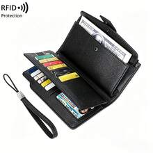 KAIDUCH RFID Blocking Long Wallet, Pebbled Leather Clutch Bag With Wrist Strap, Multi Card Slots & Large Capacity Phone Wallet - Black - View 3