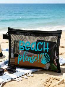 "Beach_please" 與海星圖案海灘網袋，便攜式口紅與氣墊粉撲化妝袋，沿海設計盥洗包，透明大容量旅行化妝收納袋，夏威夷風格網狀化妝袋，適合海灘度假，便攜購物袋，假期、健身、母親節禮物、情人節、教師與女性旅行、短途旅行及旅行必需品的理想選擇 - 彩色 - 查看 3
