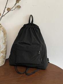 1 pieza Mochila casual de nailon de unicolor con cierre de cordón para niños y niñas, bolsa escolar para estudiantes, adecuada para todas las estaciones y uso diario - A - Ver 10