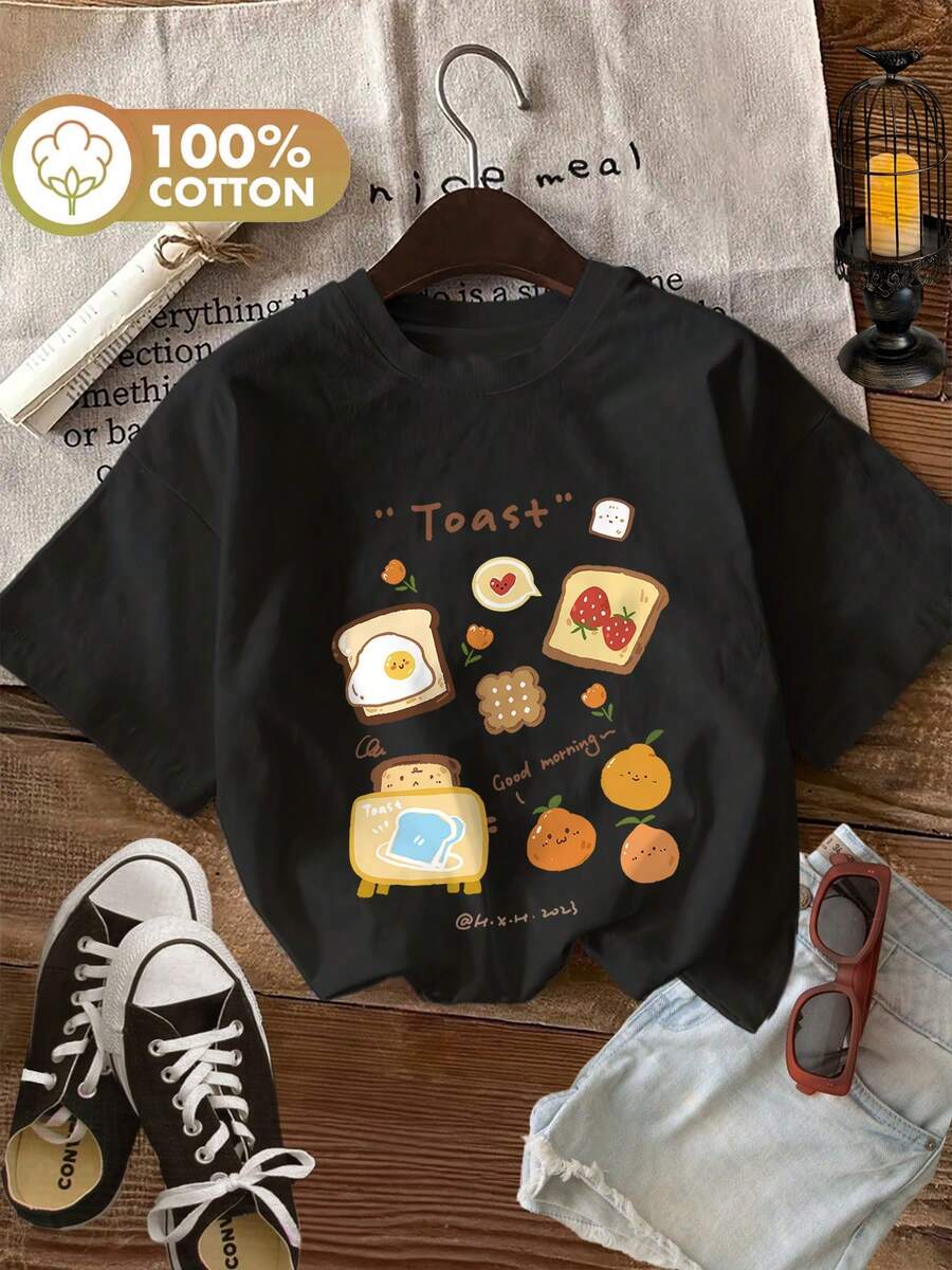 Minimalist. 100% Cotton. 1 Piece. Cute Style For Lovers, 'Toast' Good. Women's Short-Sleeved, Loose-Fitting, Casual, Round Neck T-Shirt, Ideal For Breakfast. Spring/Summer Top. - Black - View 1