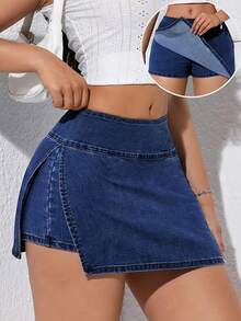 25AW Elegante Falda Corta de Mezclilla de Cintura Alta, Color Sólido, Tela Elástica, Cierre de Cremallera - Colección Primavera/Verano, Falda Corta de Moda| Aspecto Elegante| Mezclilla Elástica, Shorts de Cintura Alta - Azul claro - Ver 6