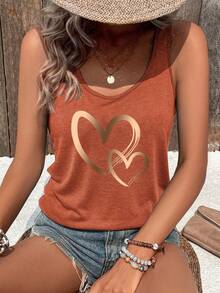 Top de mujer con estampado de corazón de moda para el Día de San Valentín, camiseta gráfica - Naranja Quemada - Ver 1