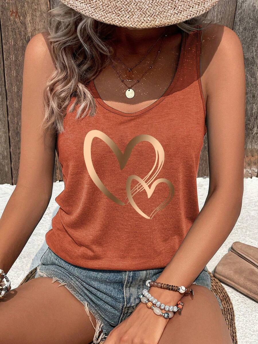 Top de mujer con estampado de corazón de moda para el Día de San Valentín, camiseta gráfica - Naranja Quemada - Ver 1