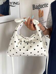 Fashion Polka Dot Handbag, Women's Multifunctional Shoulder Crossbody Bag, Vintage Bow Decor Drawstring Half Moon Bag - White - View 8